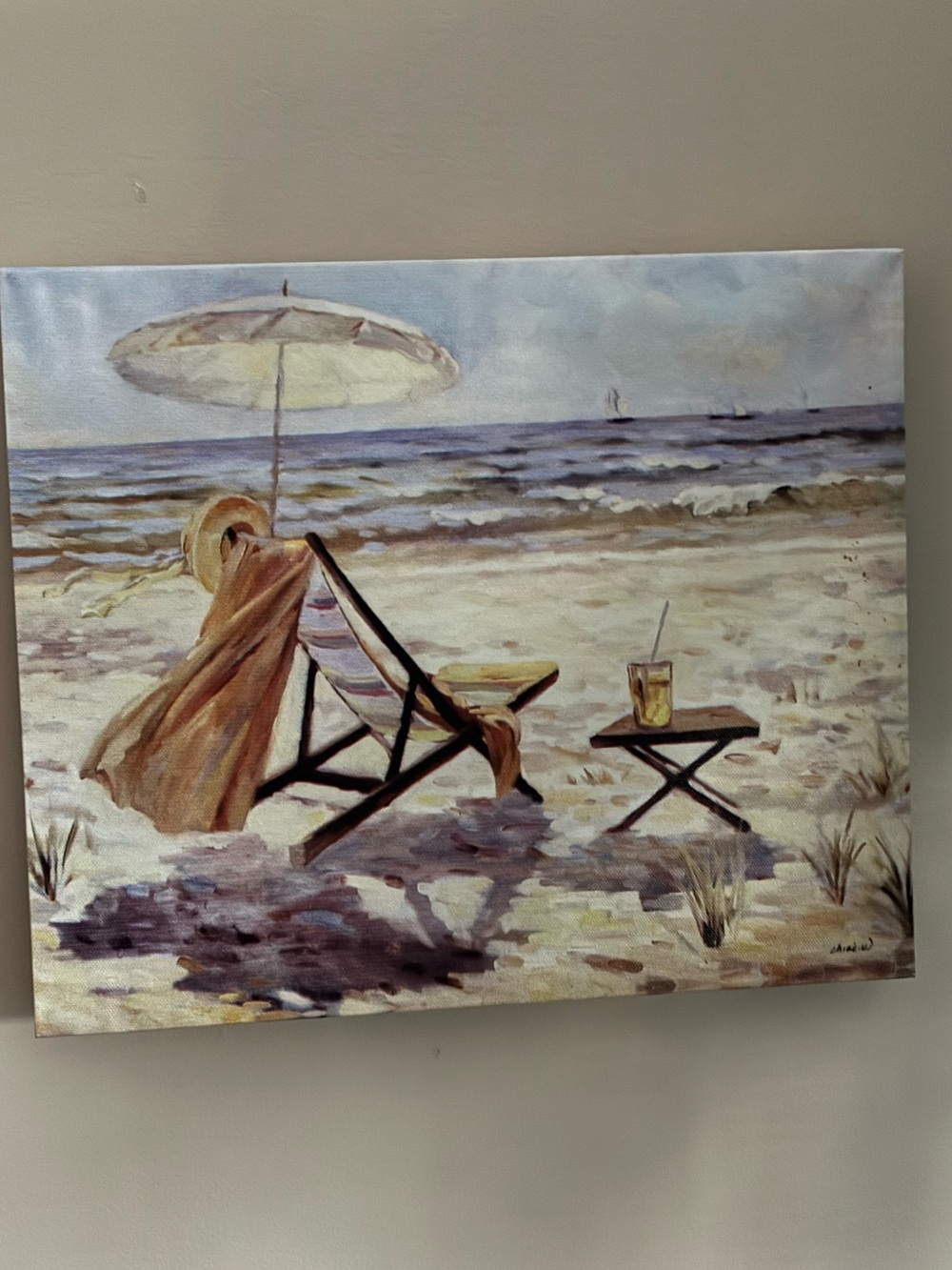 Coastal Beach Chair Canvas Art Print Yellow, Blue, Gray, and Cream - 12”x10”